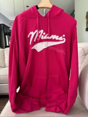 J. America Hot Pink 'Miami' Hurricanes Script Hoodie with White Applique